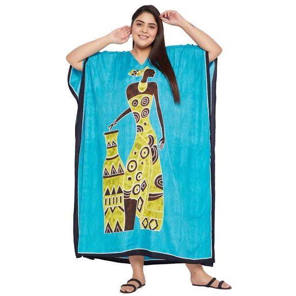 Women Plus Size Fit and Flare Tribal Print Sky Blue Kaftan Dress by Gypsie Blu - Picture 5 of 9
